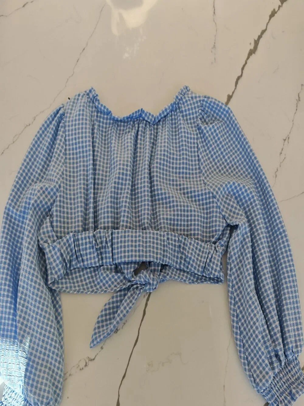 Zara Gingham Tie Front Top L | Blue Puff Sleeve Cottagecore Crop Blouse